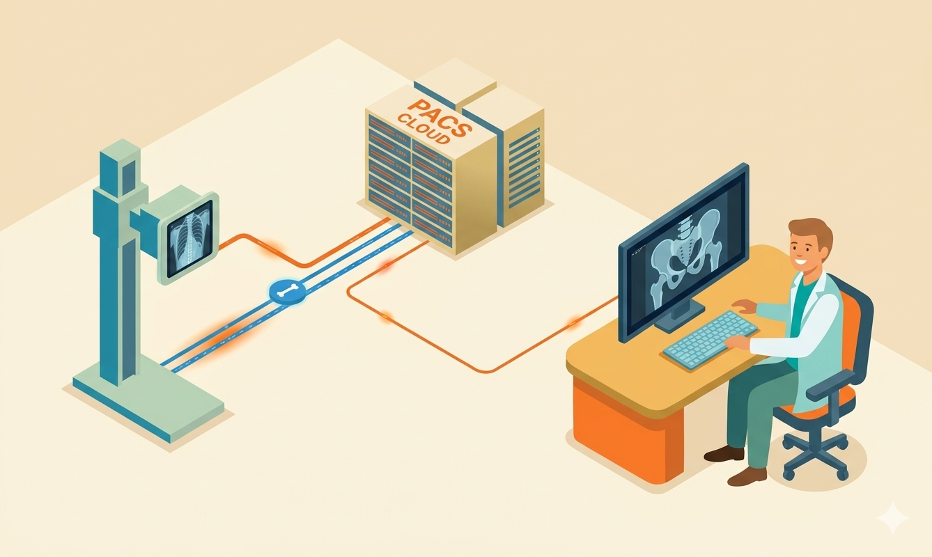 Ilustración de imPACS con almacenamiento, visualización e informes conectados