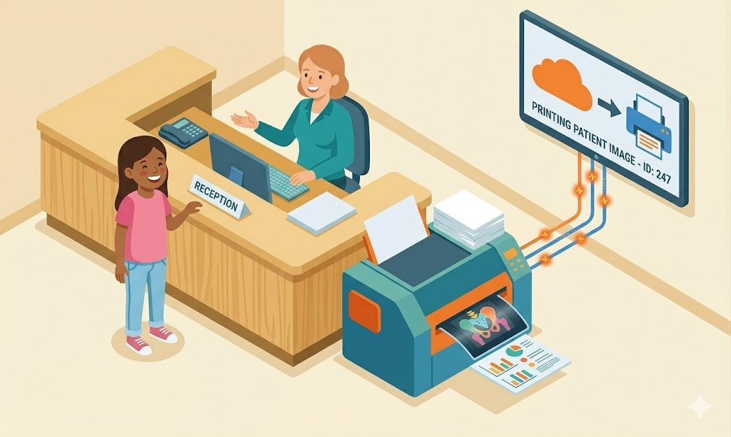 Ilustración de imPrintOnDemand con impresión bajo demanda y operación eficiente